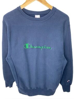 Vintage 90s Champion Reverse Weave Navy & Green Spell Out Crewneck  Sweatshirt L